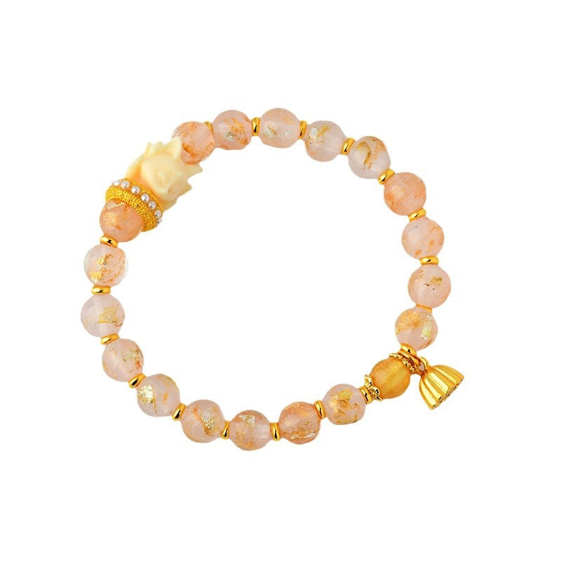 Tibetan Incense Ash Liuli Glass Bead Lucky Nine Tailed Fox Lotus Charm Bracelet