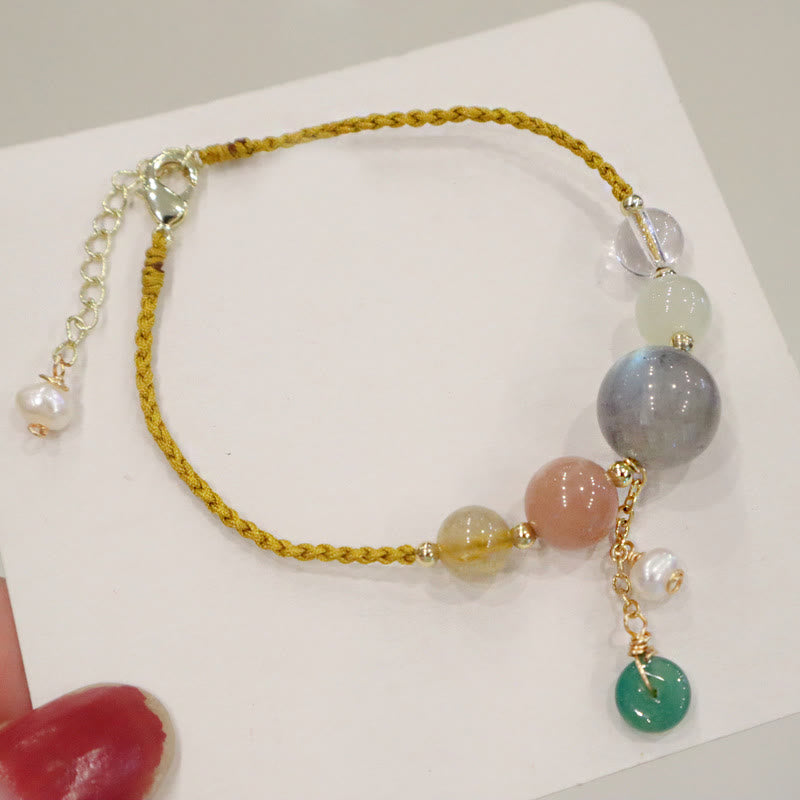 Multi-Gemstone Rope Bracelet with Moonstone, Sunstone, Hetian Jade & Ping An Kou Charm