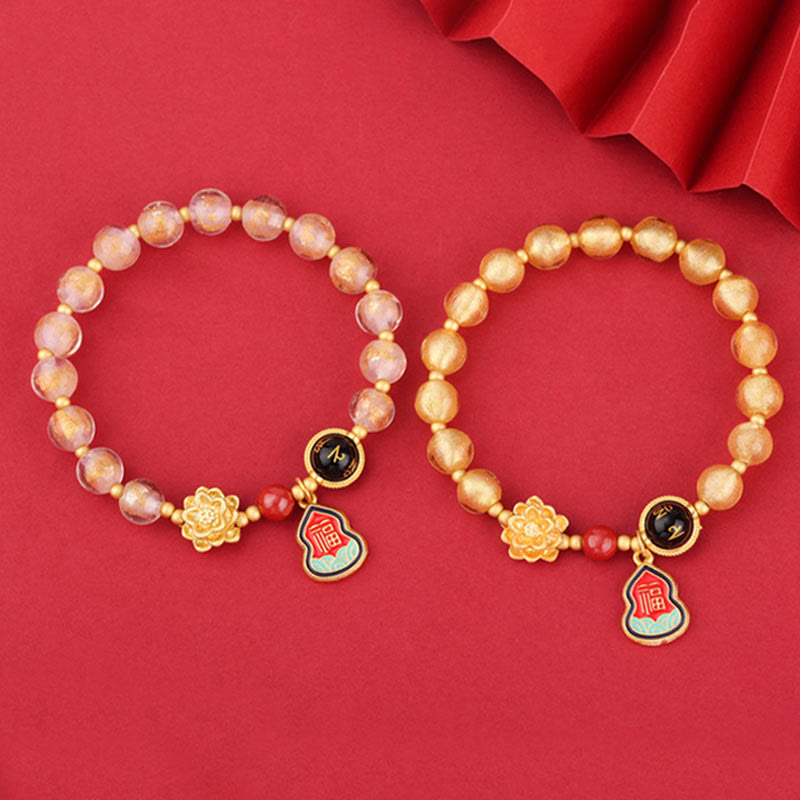 Tibetan Om Mani Padme Hum Lotus & Wu Lou Gourd Copper Charm Liuli Glass Beaded Bracelet