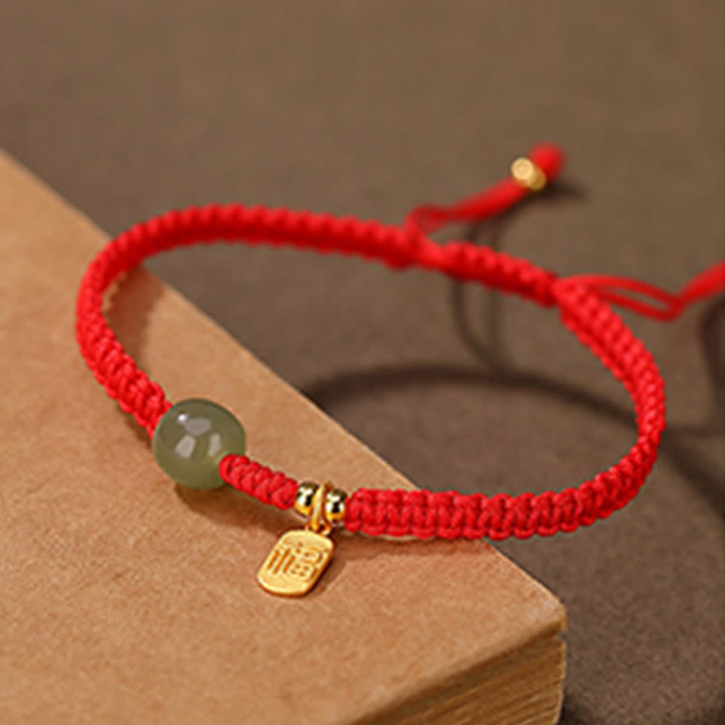 Sterling Silver & Hetian Jade Rabbit Blessing Adjustable Red String Bracelet