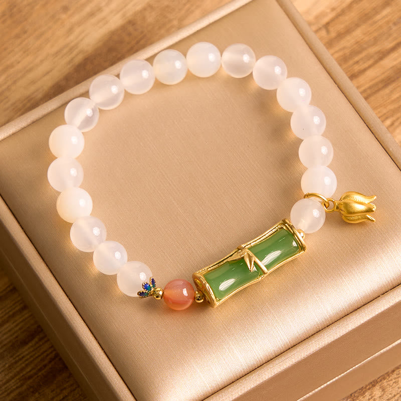Natural White Agate Jadeite Bamboo Bead Bracelet (14-16cm Wrist) for Clarity