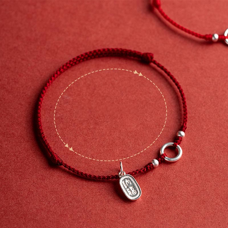 925 Sterling Silver Ping An Kou Lotus Red String Bracelet with Peace and Joy Charms