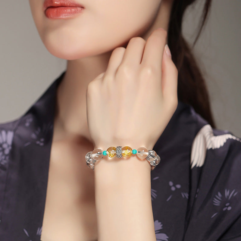 925 Sterling Silver Hetian Jade & White Crystal Chinese Zodiac Guardian Buddha Beaded Bracelet