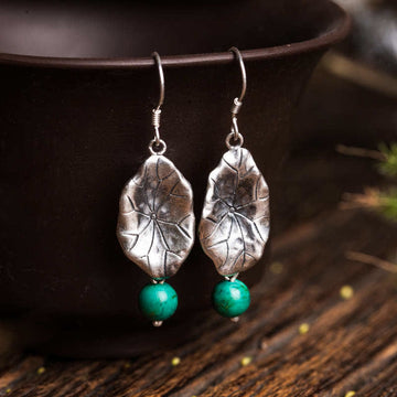 925 Sterling Silver Turquoise Lotus Leaf Handcrafted Drop Dangle Earrings