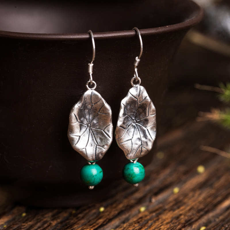 925 Sterling Silver Turquoise Lotus Leaf Handcrafted Drop Dangle Earrings