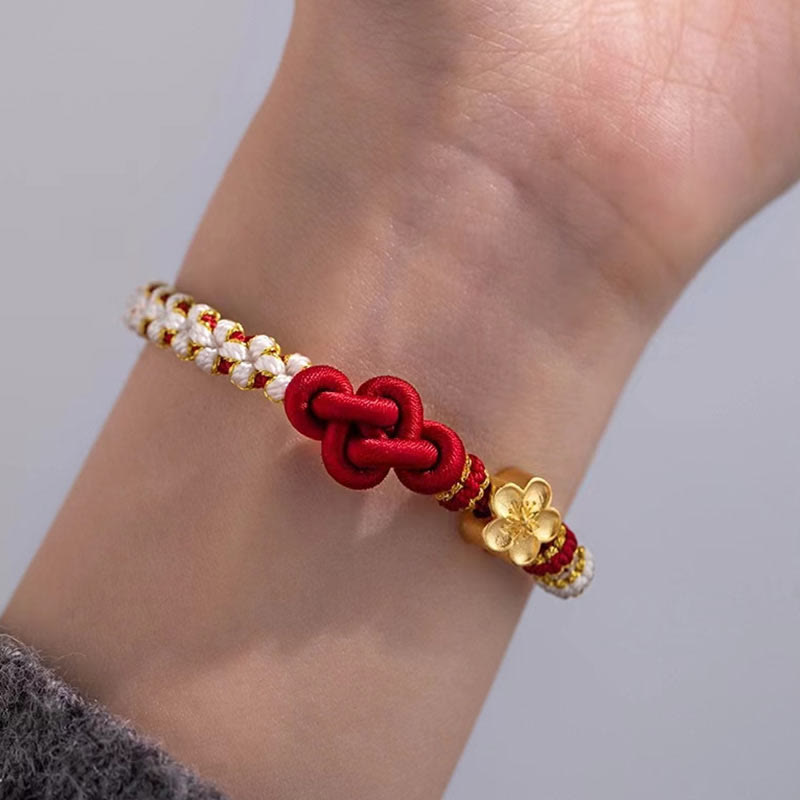 Hand-Braided Red String Bracelet with Copper Endless Knot & Peach Blossom Charm