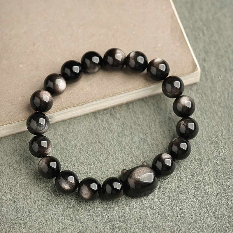 Handmade Gold & Silver Sheen Obsidian Feline Charm Beaded Bracelet