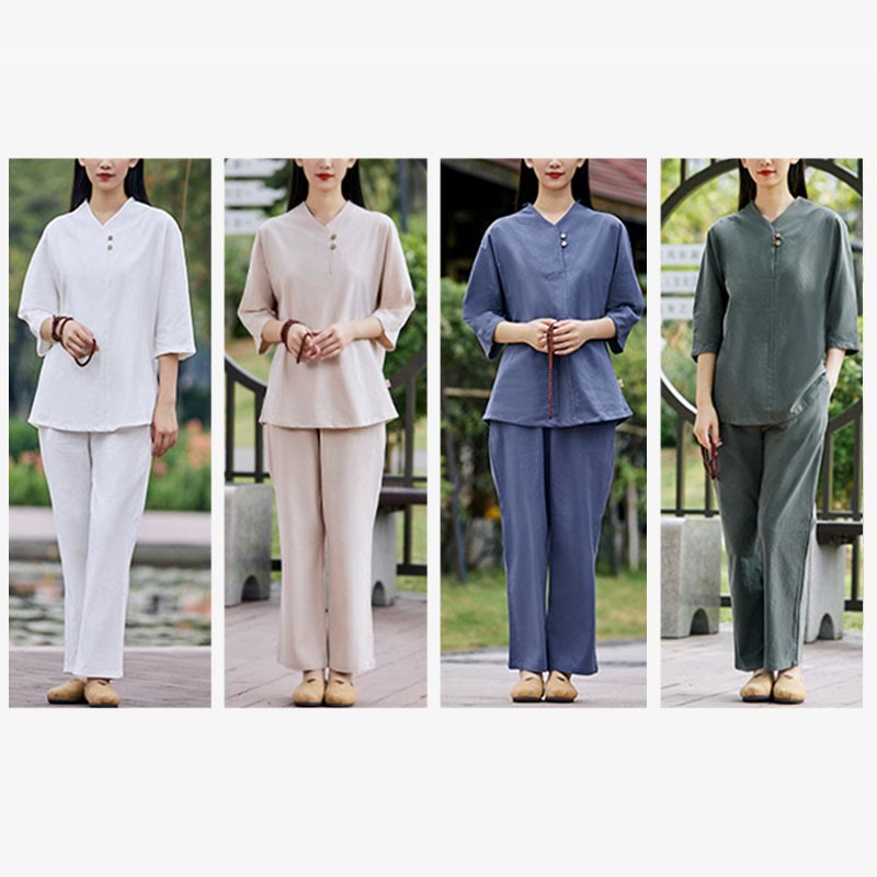 2Pcs Shirt Top Pants Meditation Zen Tai Chi Cotton Linen Clothing Women's Set