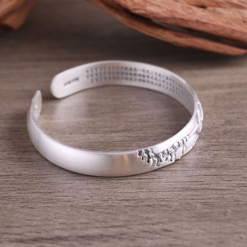 999 Sterling Silver Buddha Head Heart Sutra Serenity Bracelet Bangle