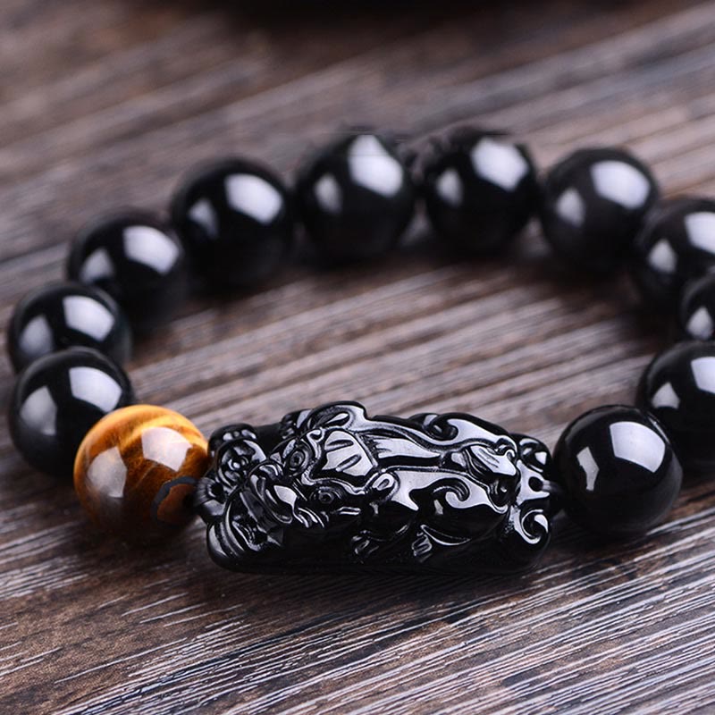Natural Black Obsidian and Tiger Eye Pixiu Beaded Energy Bracelet