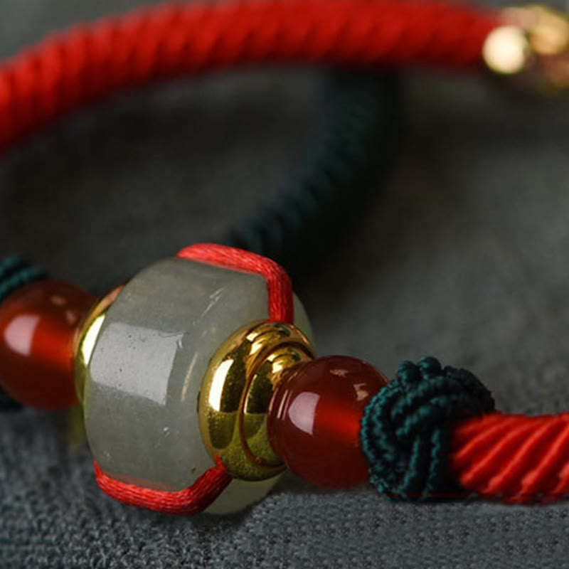 Handmade Tibetan Green Aventurine & Red Agate 14k Gold Red String Braided Bracelet
