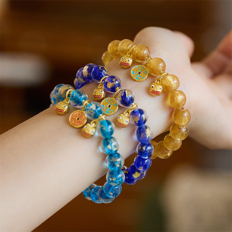 Gold Pixiu and Chinese Coin Liuli Glass Bead Energy Bracelet