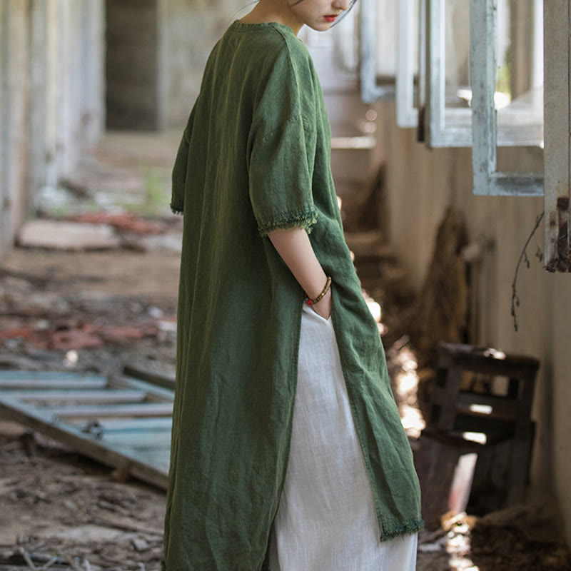 Mid Length Dress Ramie Linen Half Sleeve Split Hem Top T-Shirt