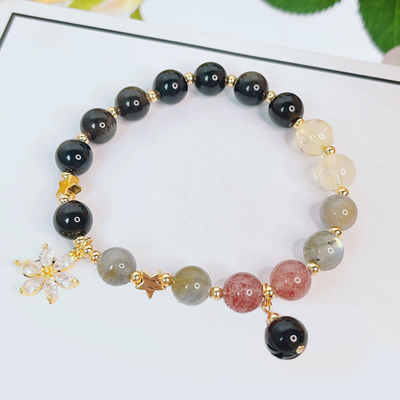 Natural Silver Sheen Obsidian Love Heart Star Flower Protection Bracelet