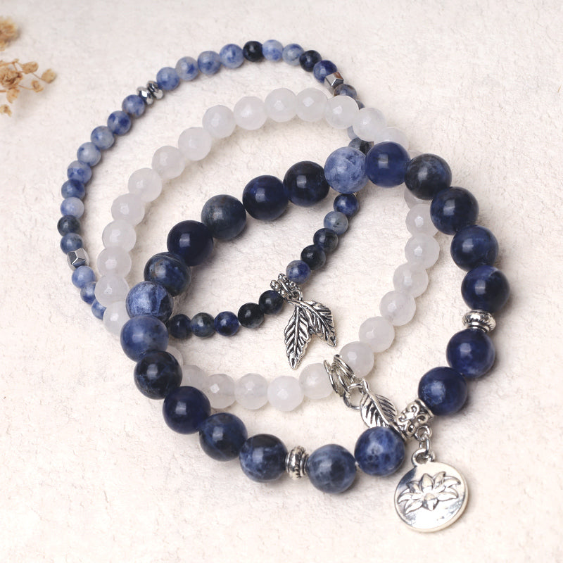 3PCS Natural Gemstone Beaded Lotus Charm Bracelet Set