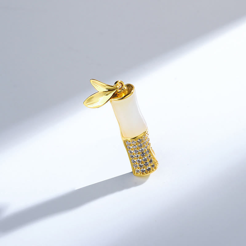 925 Sterling Silver Hetian White Jade Bamboo Happiness Necklace Pendant