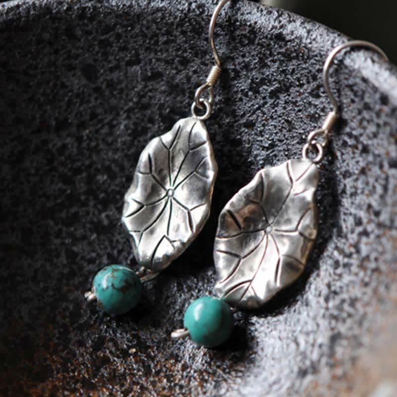 925 Sterling Silver Turquoise Lotus Leaf Handcrafted Drop Dangle Earrings