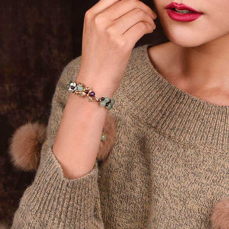 Green Aventurine Garnet Bead Flower Petal Luck Bracelet