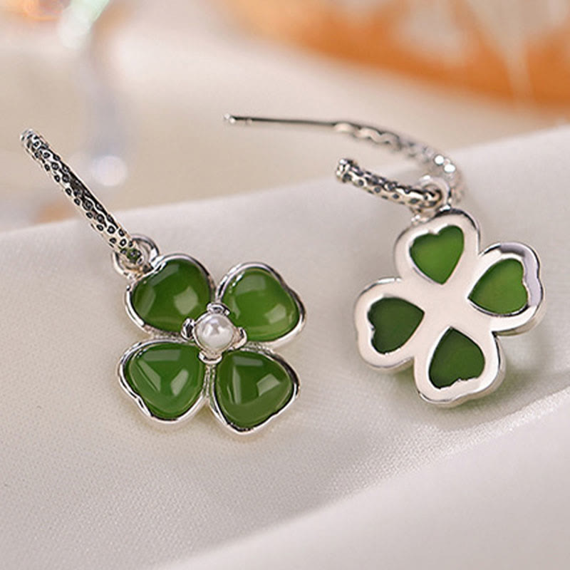 Natural Jade and 925 Sterling Silver Four-Leaf Clover Stud Earrings