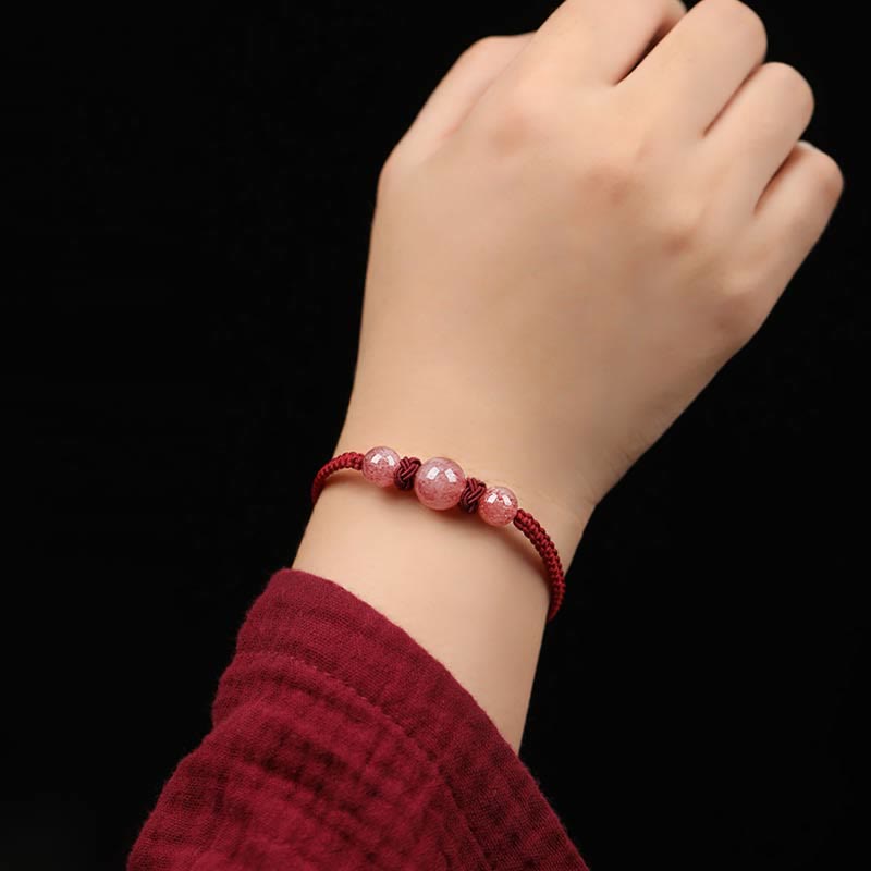 Natural Strawberry Quartz Woven Red String Adjustable Bracelet & Anklet
