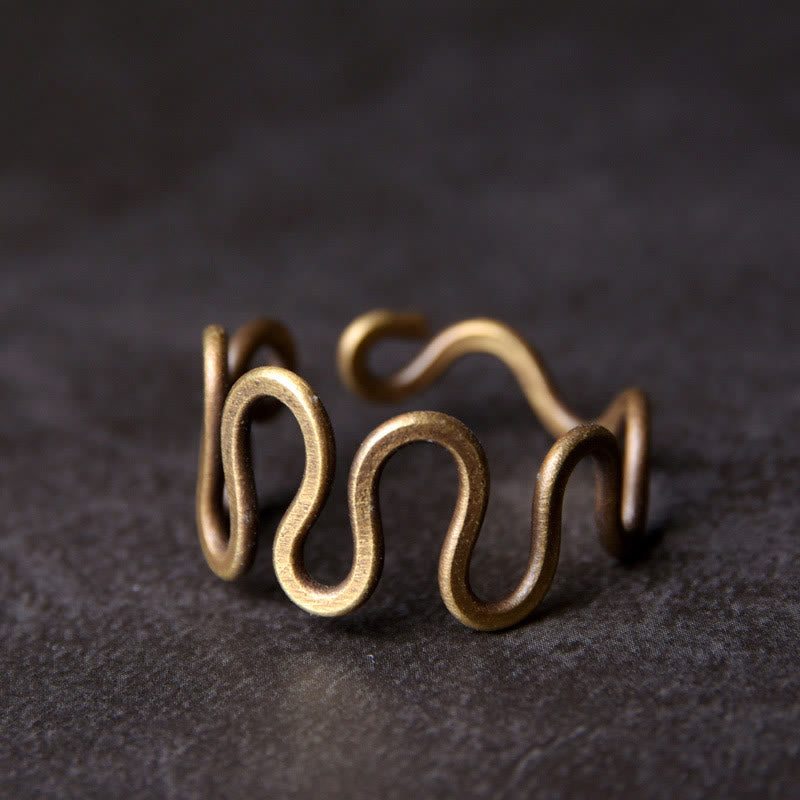 Simple Curved Brass Design Copper Luck Wealth Adjustable Ring