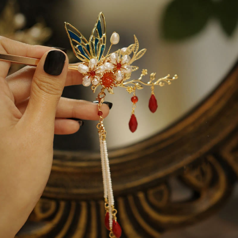 Classical Chinese Style Flower Branche Butterfly Pearl Tassel Hair Clip Hair Comb Hair Crown
