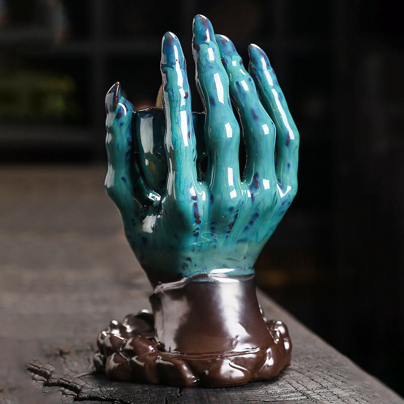 Ceramic Skull and Skeletal Hand Backflow Incense Burner for Atmospheric Meditation