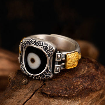 925 Sterling Silver & Gold Zakiram Dzi Bead Adjustable Ring