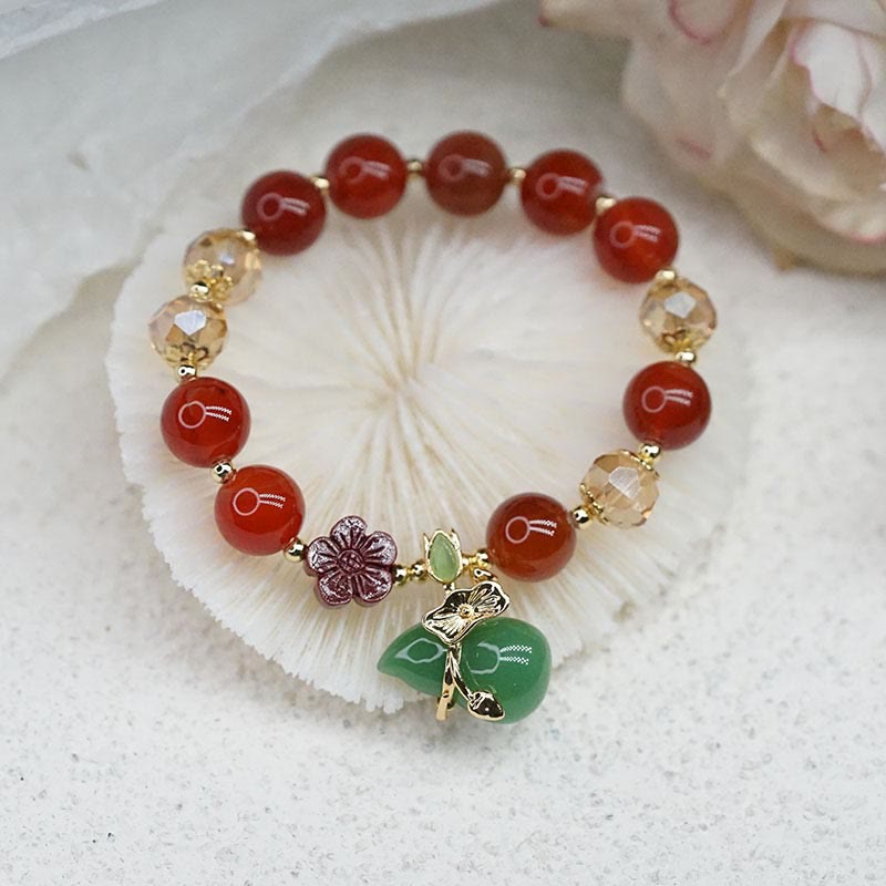 Natural Agate and Clear Quartz Beaded Bracelet with Cinnabar Flower and Wu Lou Gourd