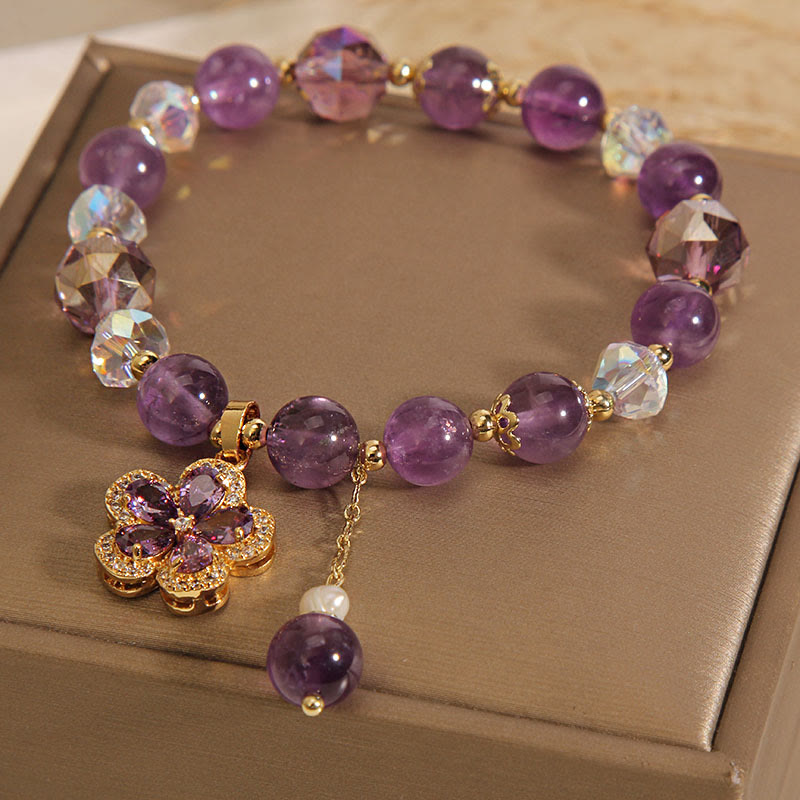Natural Amethyst and Pearl Flower Charm Transformation Bracelet