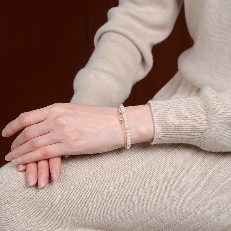 925 Sterling Silver Plated 14k Gold Natural Pearl Crystal Healing Double Layer Bracelet