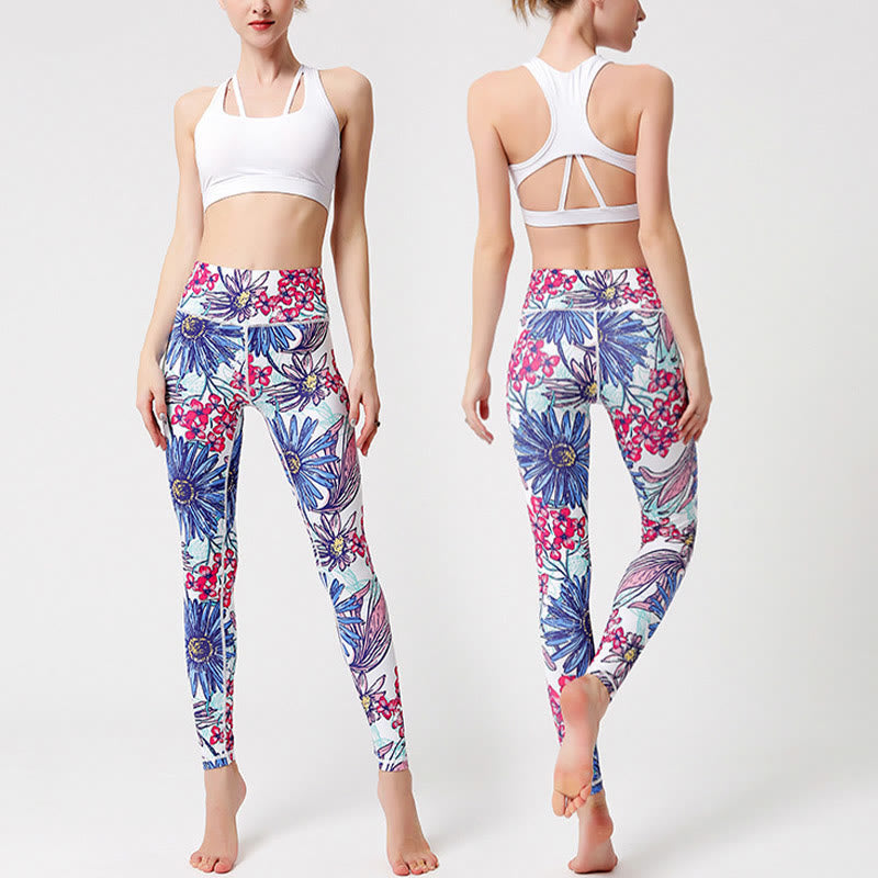 Colorful Flower Petal Leaves Print Sports Exercise Fitness High Waist Leggings Women's Yoga Pants