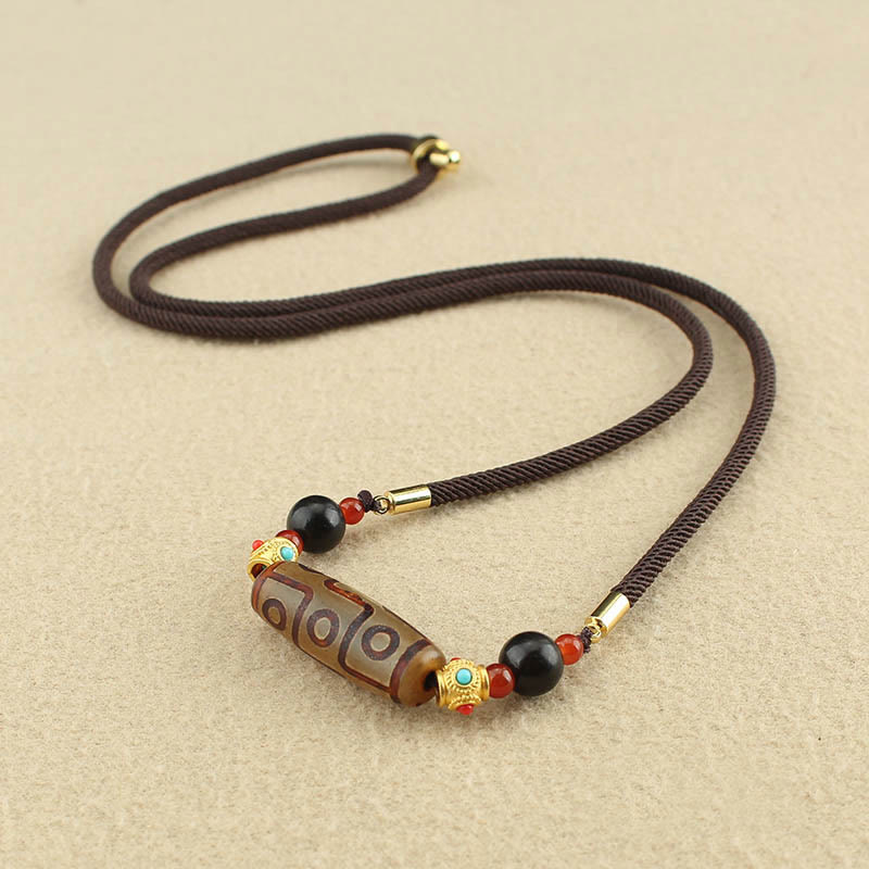 Tibetan Nine-Eye Dzi Bead Protection Blessings String Necklace Pendant