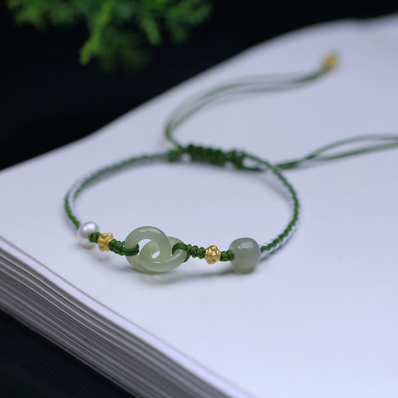925 Sterling Silver Hetian Jade Double Peace Buckle Luck Braided Bracelet