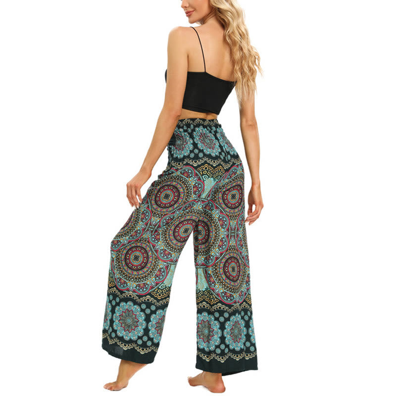 Boho Mandala Print Lace-up Wide Leg Pants Women's Yoga Pants