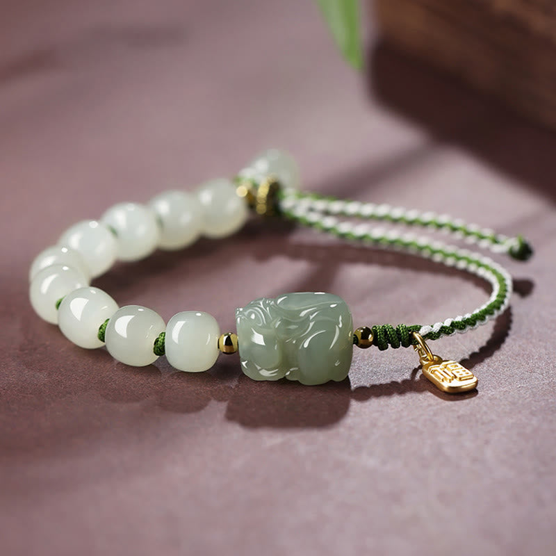 Handcrafted Natural Hetian Jade Pixiu & Fu Character String Bracelet