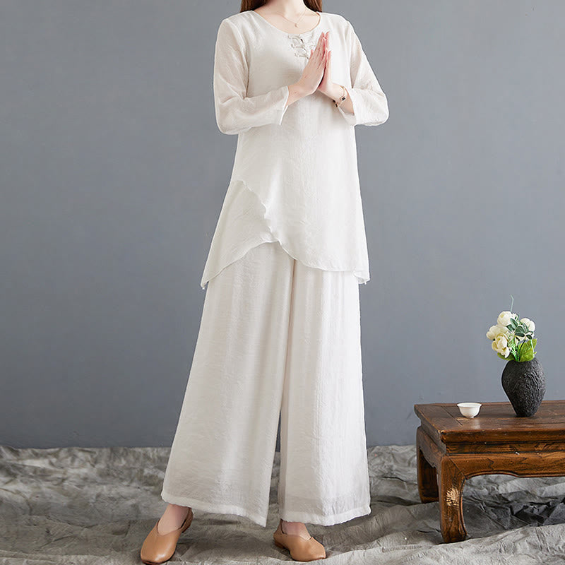 Breathable Cotton Linen Wide-Leg Meditation Shirt and Pants Set