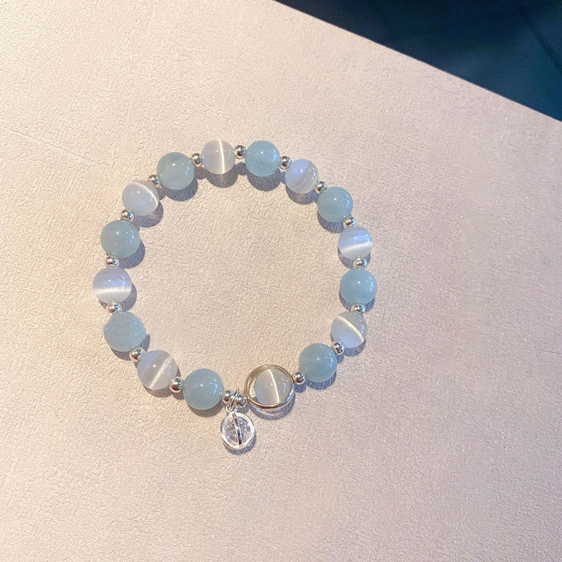 Handcrafted Cat's Eye & Aquamarine 925 Sterling Silver Support Charm Bracelet