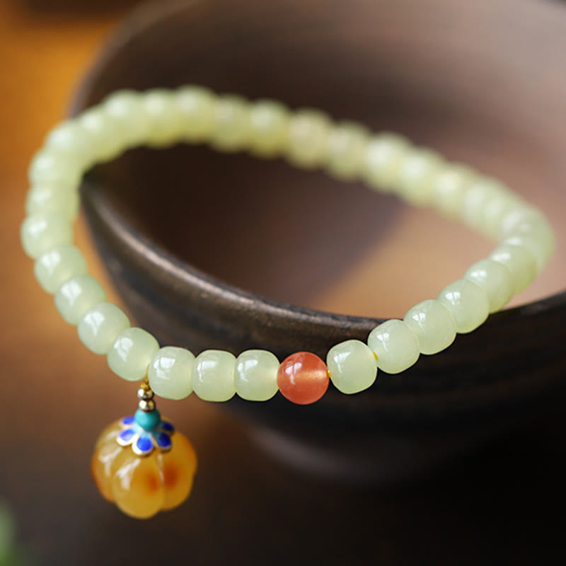 Natural Hetian Jade Amber and Red Agate Pumpkin Carved Gemstone Bracelet