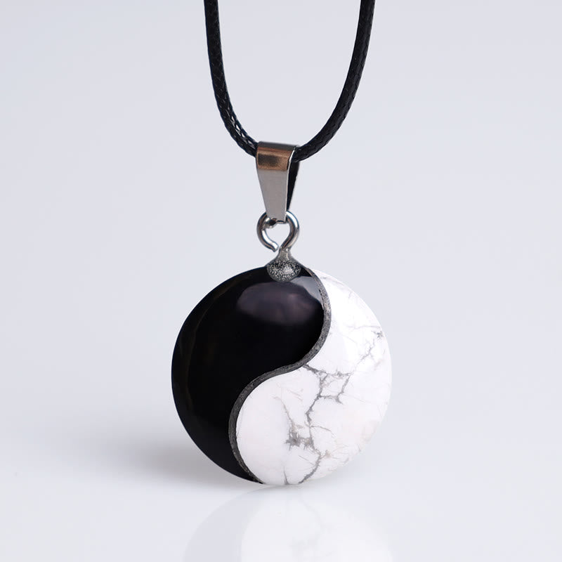 Natural Black Obsidian and White Turquoise Yin Yang Transformation Rope Pendant