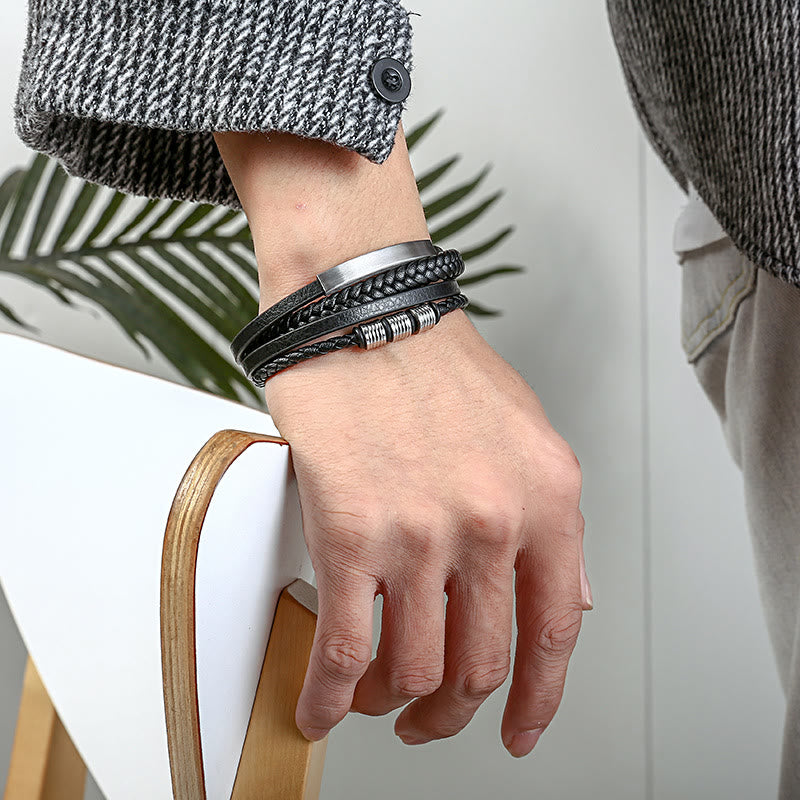 Leather Multi-Layer Titanium Steel Balance Braided Magnetic Buckle Bracelet