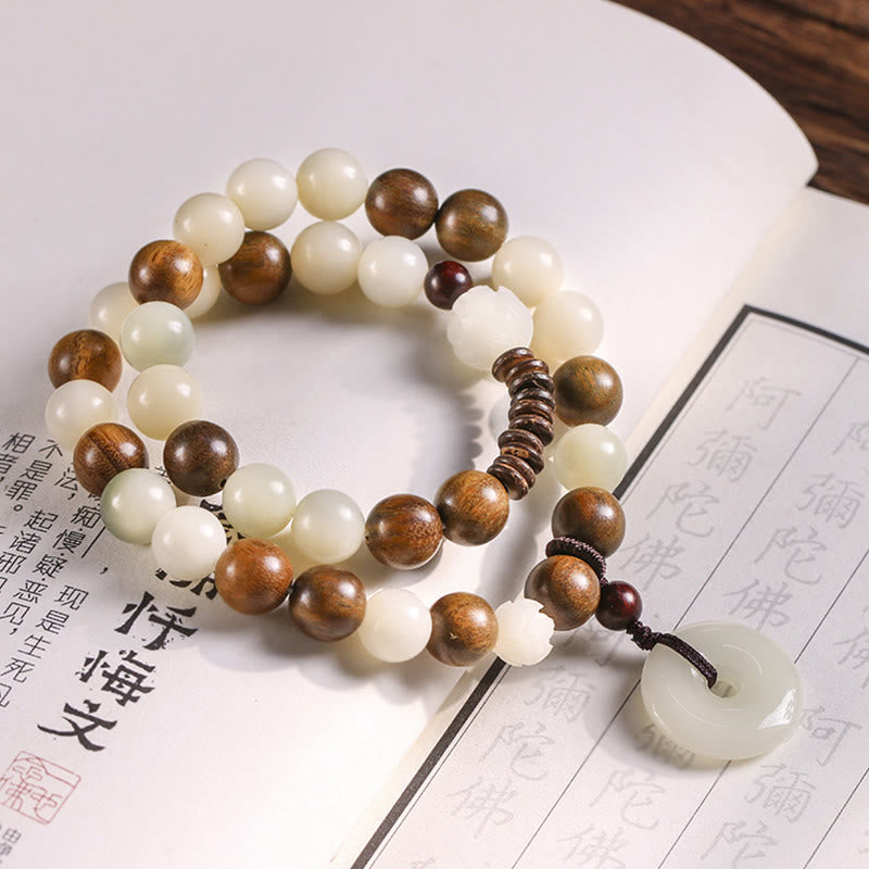 Bodhi Seed Green Sandalwood Lotus Peace Buckle Harmony Double Wrap Bracelet
