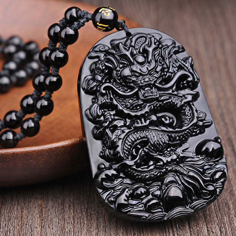 Black Obsidian Stone Dragon Fulfilment Pendant Necklace