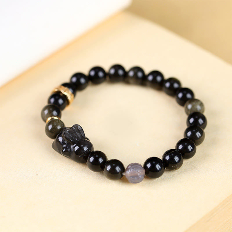Gold Sheen Obsidian Black Obsidian Silver Sheen Obsidian Cute Rabbit Protection Bracelet