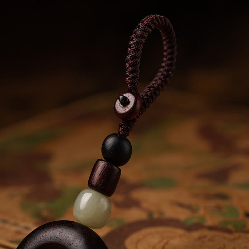 Red Sandalwood & Jade Cinnabar Keychain with Om Mani Padme Hum, Pixiu, or Copper Coin