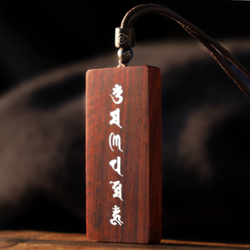 999 Sterling Silver Small Leaf Red Sandalwood Ebony Wood Om Mani Padme Hum Inlaid Protection Necklace Pendant