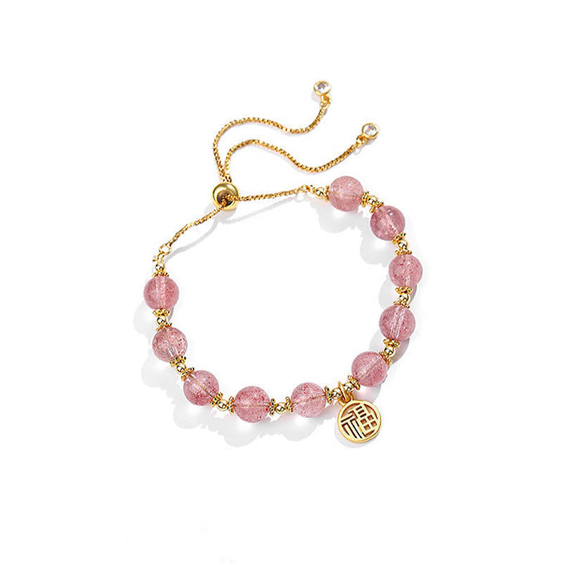 Natural Strawberry Quartz 14K Gold Plated Fu Character Charm Beaded Bracelet