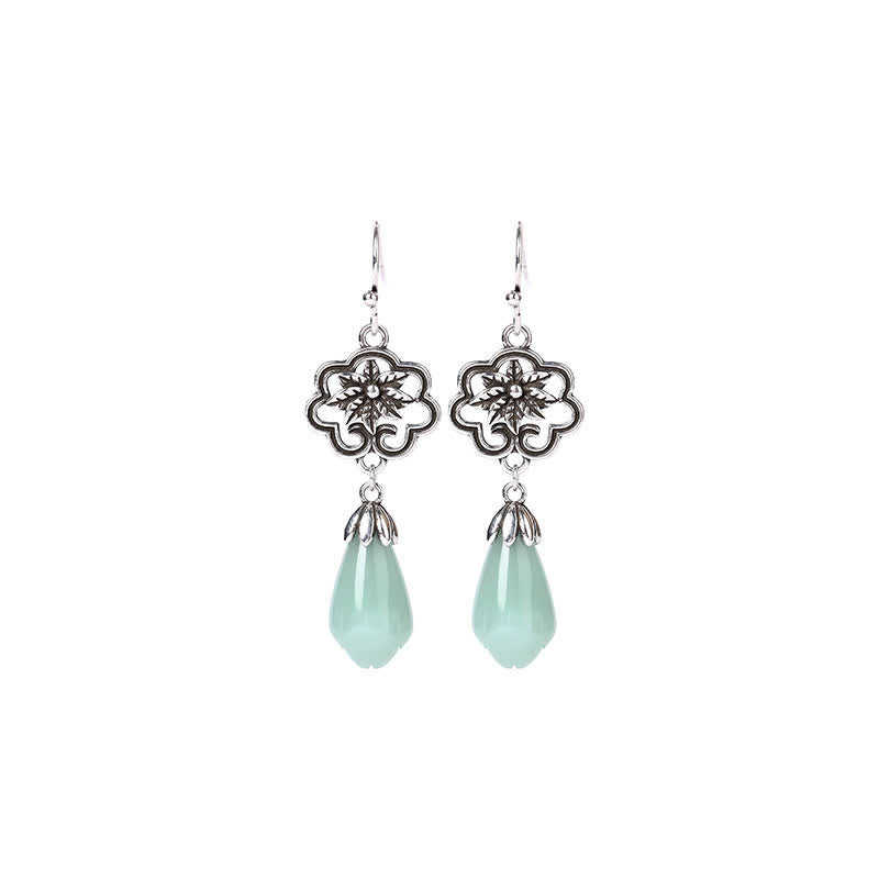 Magnolia Flower Jade Water Drop Copper Dangle Earrings