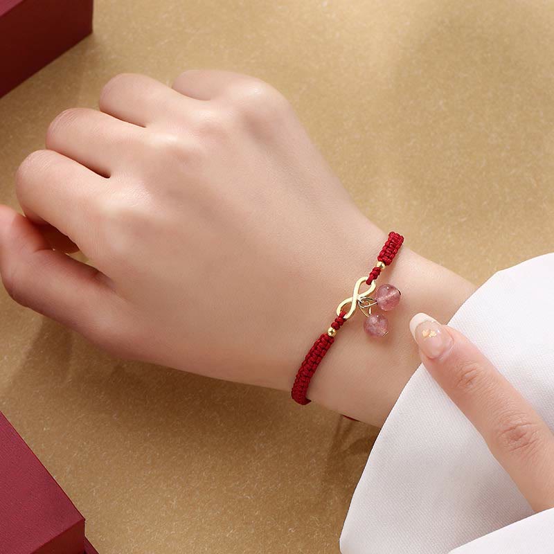 Adjustable Strawberry Quartz Crystal, Copper & Endless Knot Red String Woven Bracelet