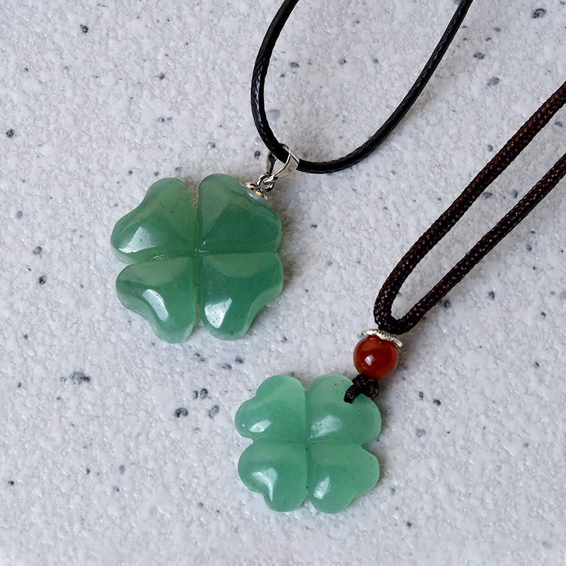 925 Sterling Silver Green Aventurine Four Leaf Clover Luck Leather Rope Necklace Pendant